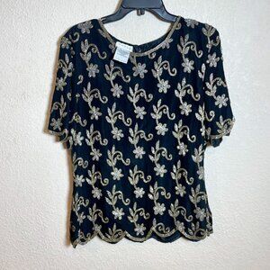 Vintage Stenay Silk Blouse Top Womens M Black Floral Beaded Short Sleeve Lined